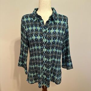 Vintage Peach Velvet Scrunch Bell Sleeve Button Down Retro Floral Print Blouse